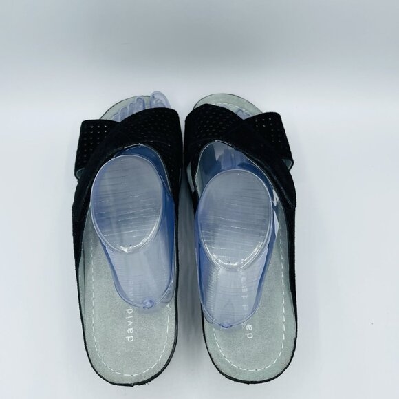 David Tate Shoes Womens 10 WW Wide Black Suede Leather Laser Cut Wedge Sandals - Picture 8 of 12